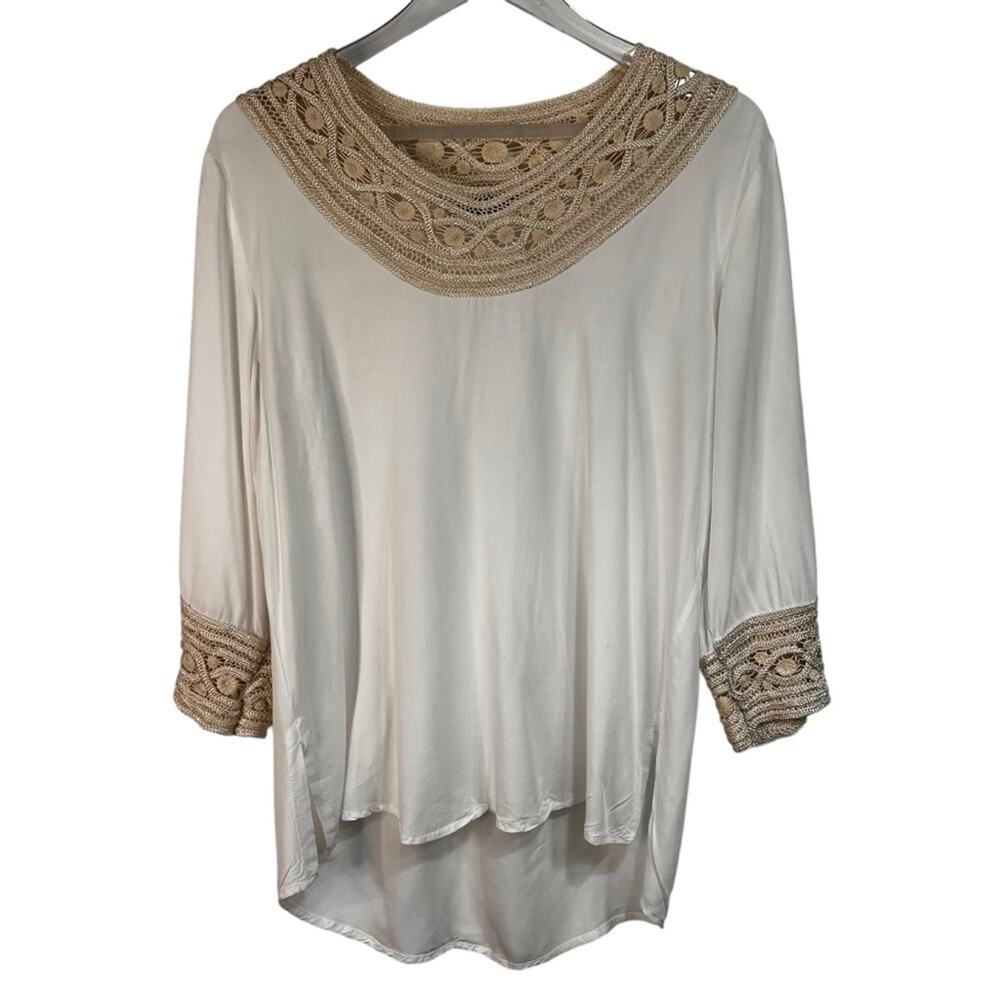 Rita Bordados a Mano | XL | Cream Tunic Top with Handmade Embroidered Lace Trim